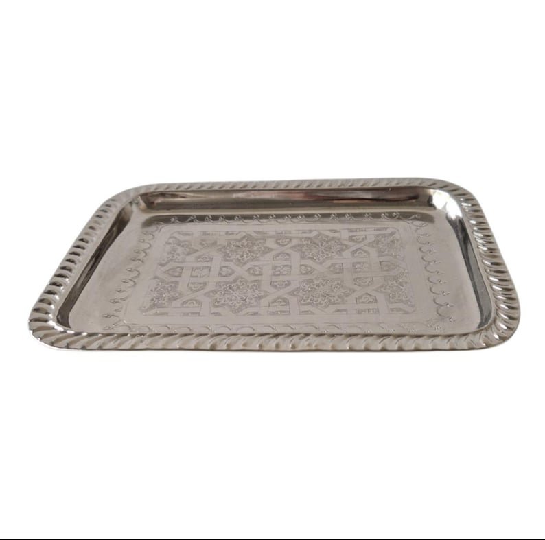 Moroccan Rectangular Silver Plated Brass Tray - Image 8