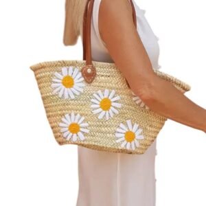 Straw Beach Bag with Pom Poms